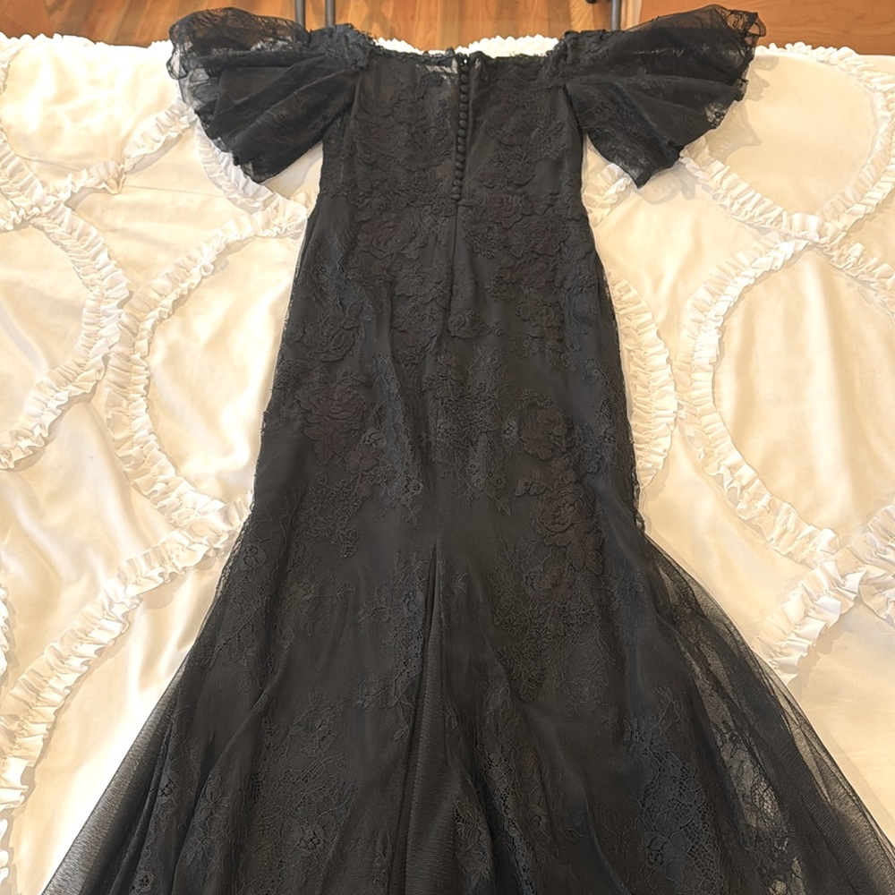 Badgley Mischka Black Lace Maxi Dress with Sheer Puff Sleeves - Picture 4 of 6